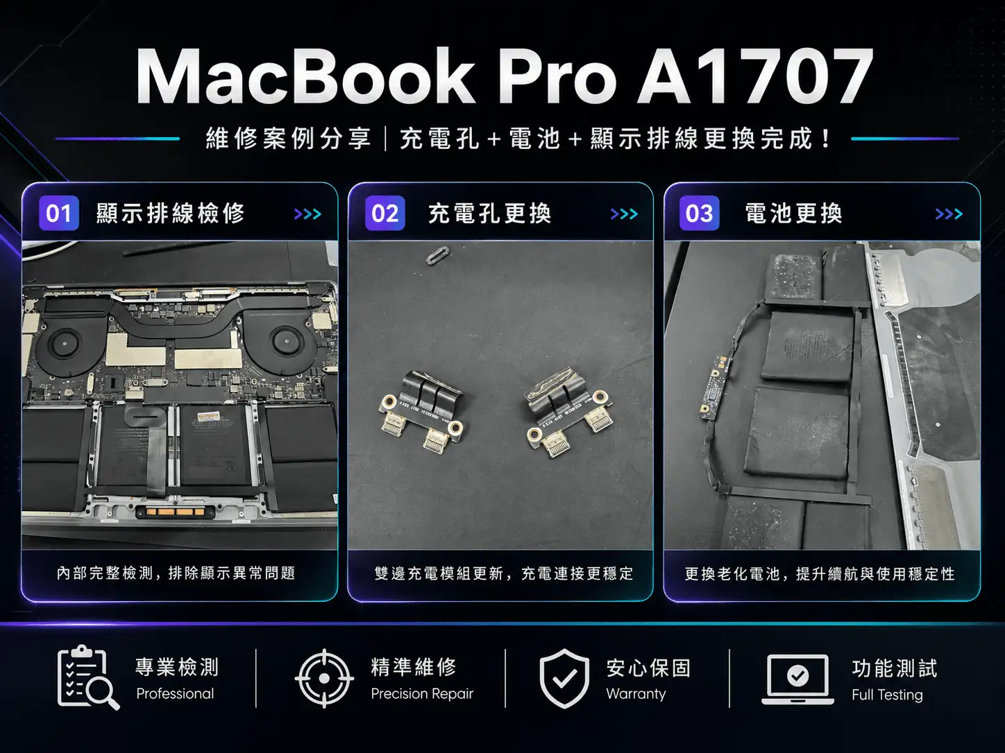 MacBook Pro A1707 維修案例分享｜充電孔＋電池＋顯示排線更換完成！