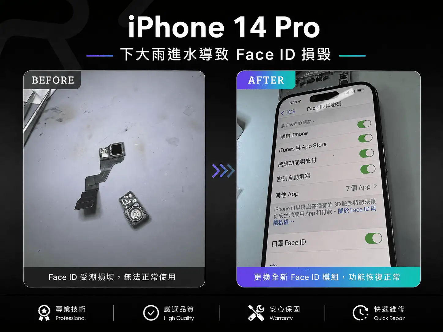 iPhone 14 Pro下大雨進水導致 Face ID 損毀